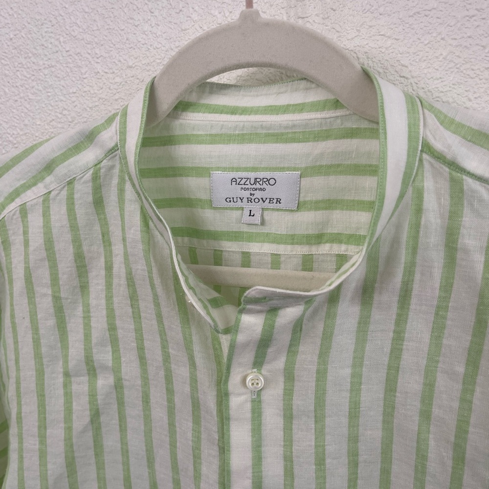 Azzurro Portofino by Guy Rover Linen Green Striped Men's Shirt Size Large - Picture 2 of 6